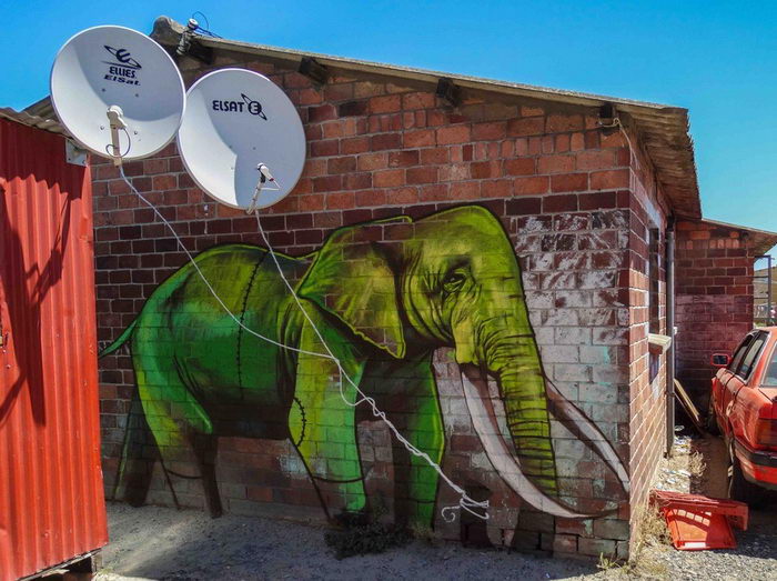 Уличный художник врисовывает слонов в городскую жизнь